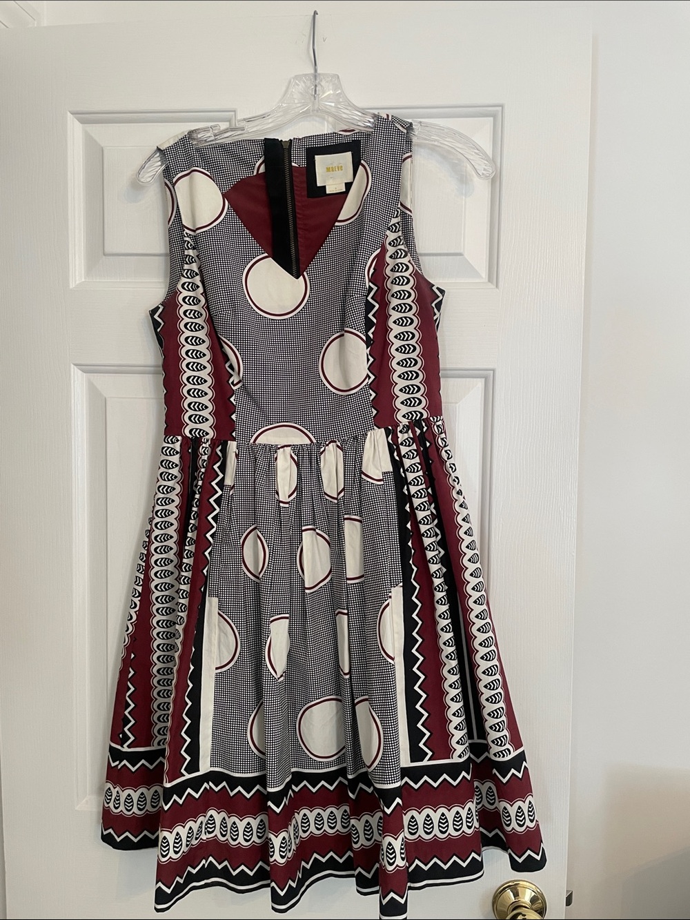 Anthropologie Maeve Sleeveless Fit-and-Flare Dress in Burgundy, Black & Cream